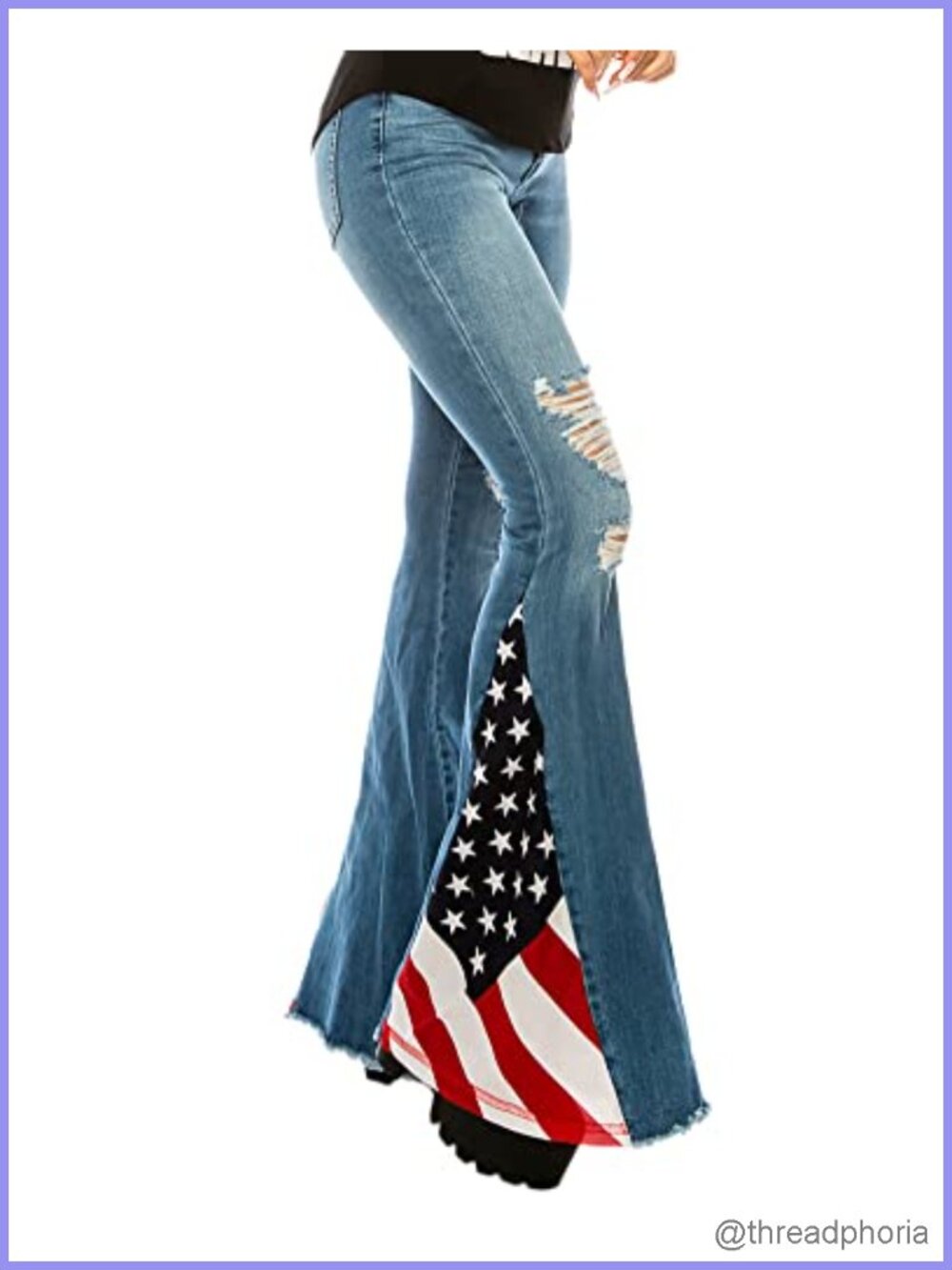 High Waisted Ripped Flag Bell Bottom Jeans Frayed Hem Stretch Denim